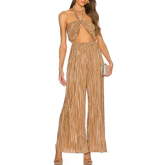 NWT LPA Baina Jumpsuit S Gold Brown Pleated Wide Leg - Picture 1 of 14